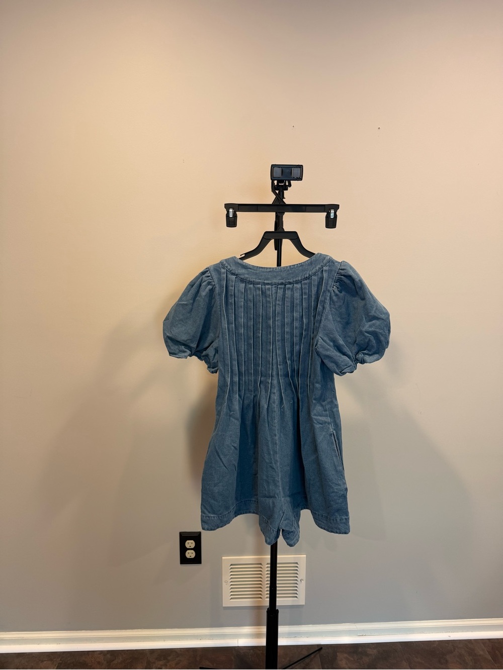 Altar'd State Medium Wash Denim Romper with Puff Sleeves - Blue - Picture 6 of 6